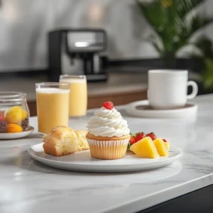 Lemon cupcake with fruits and pineapple smoothie